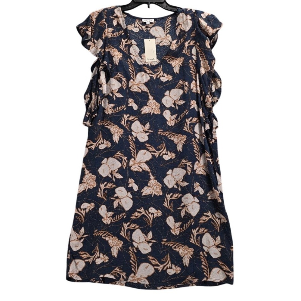 Splendid Rano Floral Navy Blue‎ Ruffle Cap Sleeve V-Neck Shift Dress Medium NEW